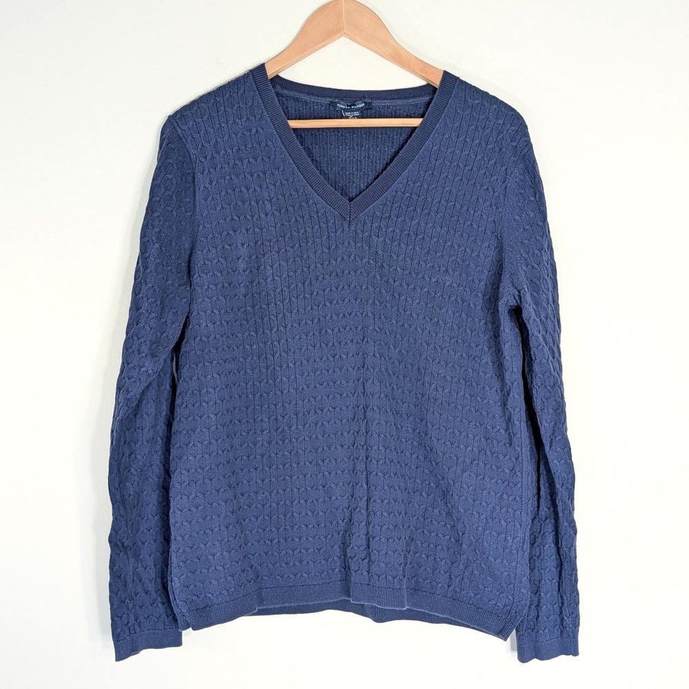 Tommy Hilfiger Navy Blue V-Neck Sweater; Cable Knit Long Sleeve Cotton Blend